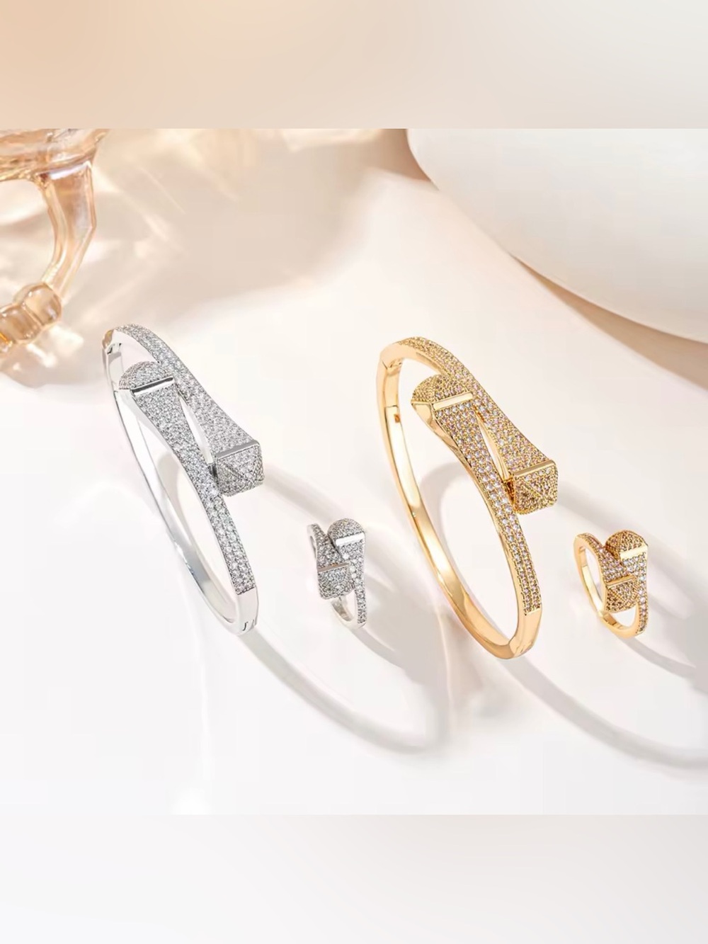 18K White Gold Micro Pave Diamond Geometrical Cuff Bracelet & Ring Stacking Set - Picture 3 of 3